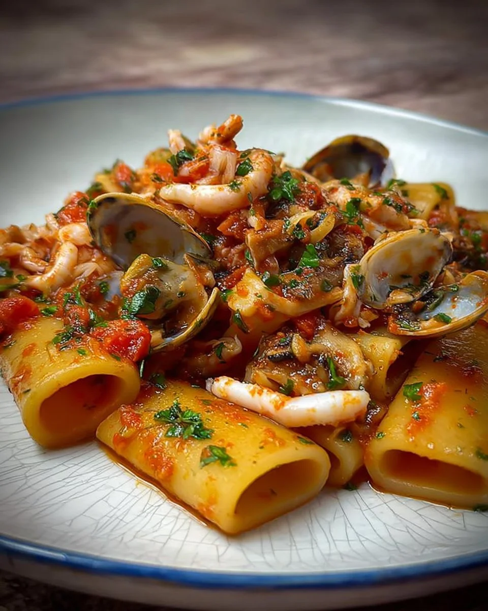 Paccheri frutti di mare con gamberi, vongole e salsa di pomodoro