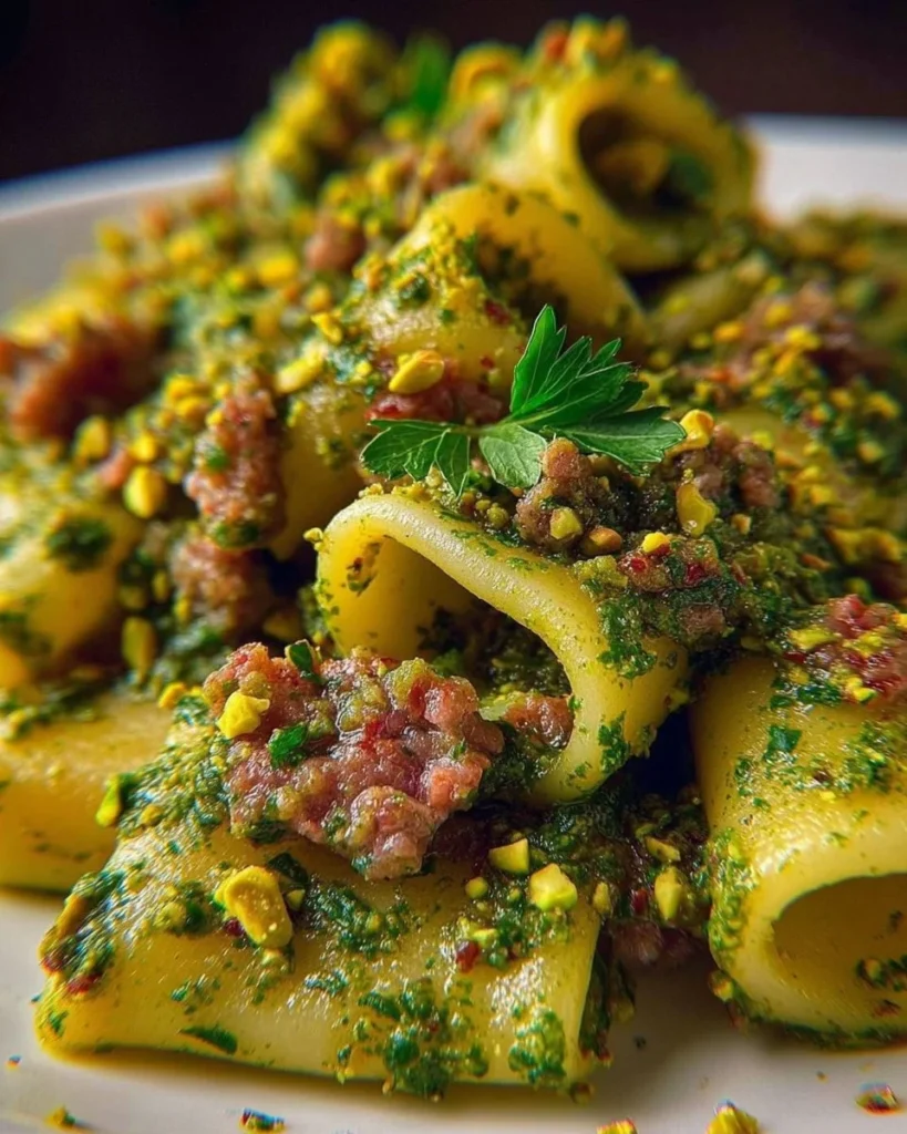 Paccheri al pesto di pistacchi con salsiccia e provola