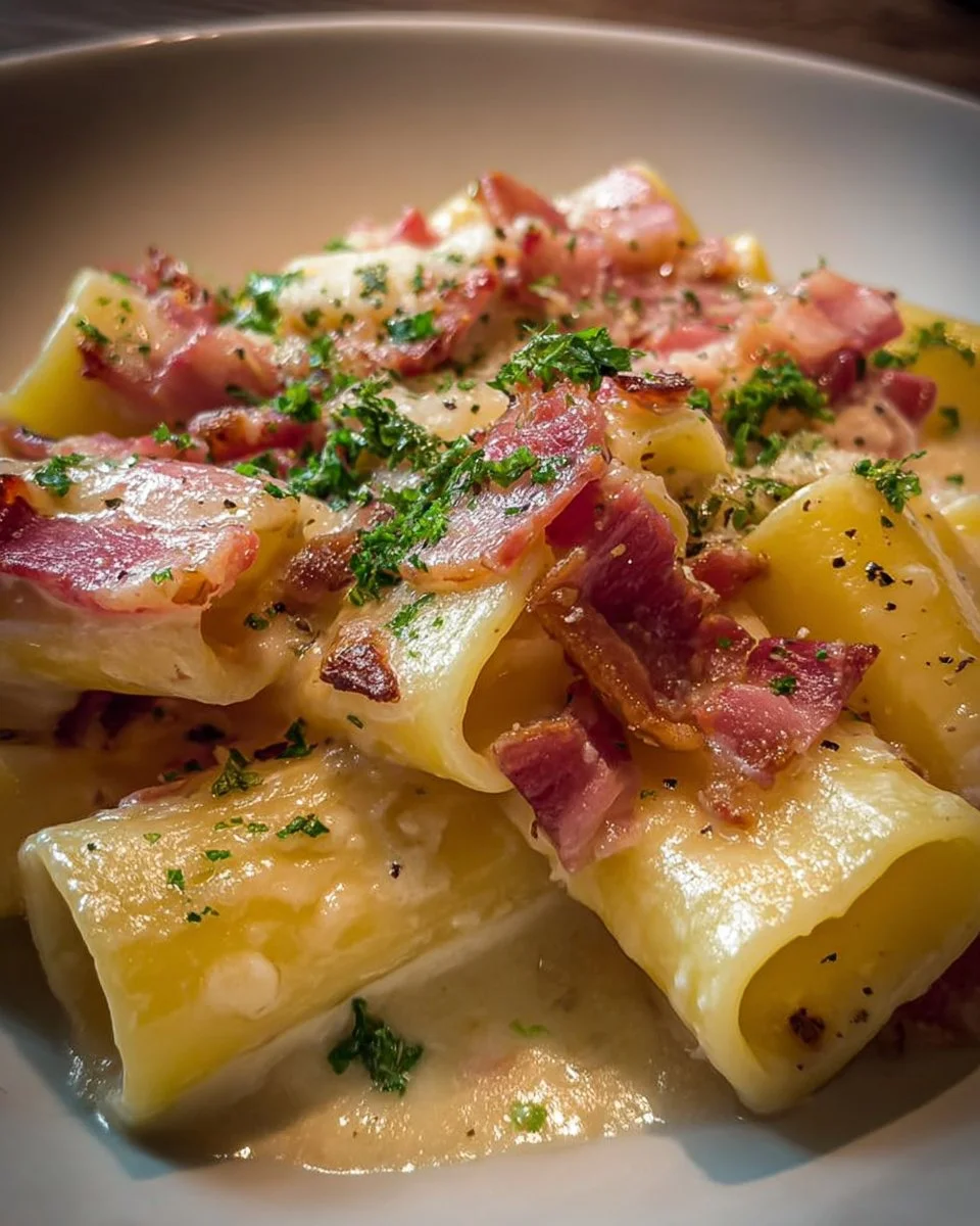 Paccheri con crema di patate e pancetta, un piatto gustoso e invitante