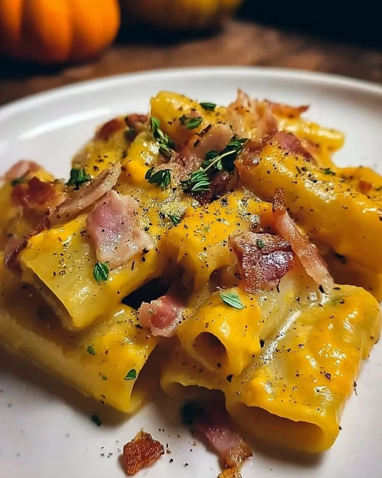 Paccheri con Crema di Zucca e Speck serviti in un piatto rustico