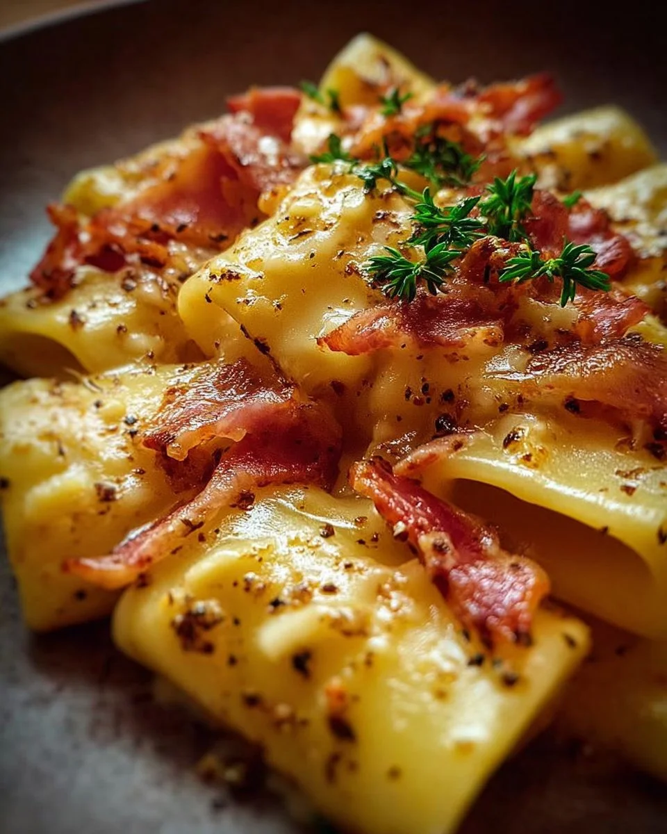 Paccheri con patate, pancetta e scamorza affumicata su un piatto elegante
