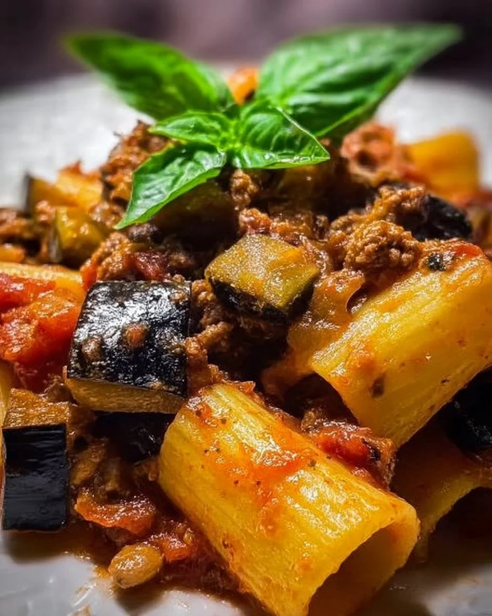 Paccheri con melanzane, salsiccia e basilico in un piatto gourmet