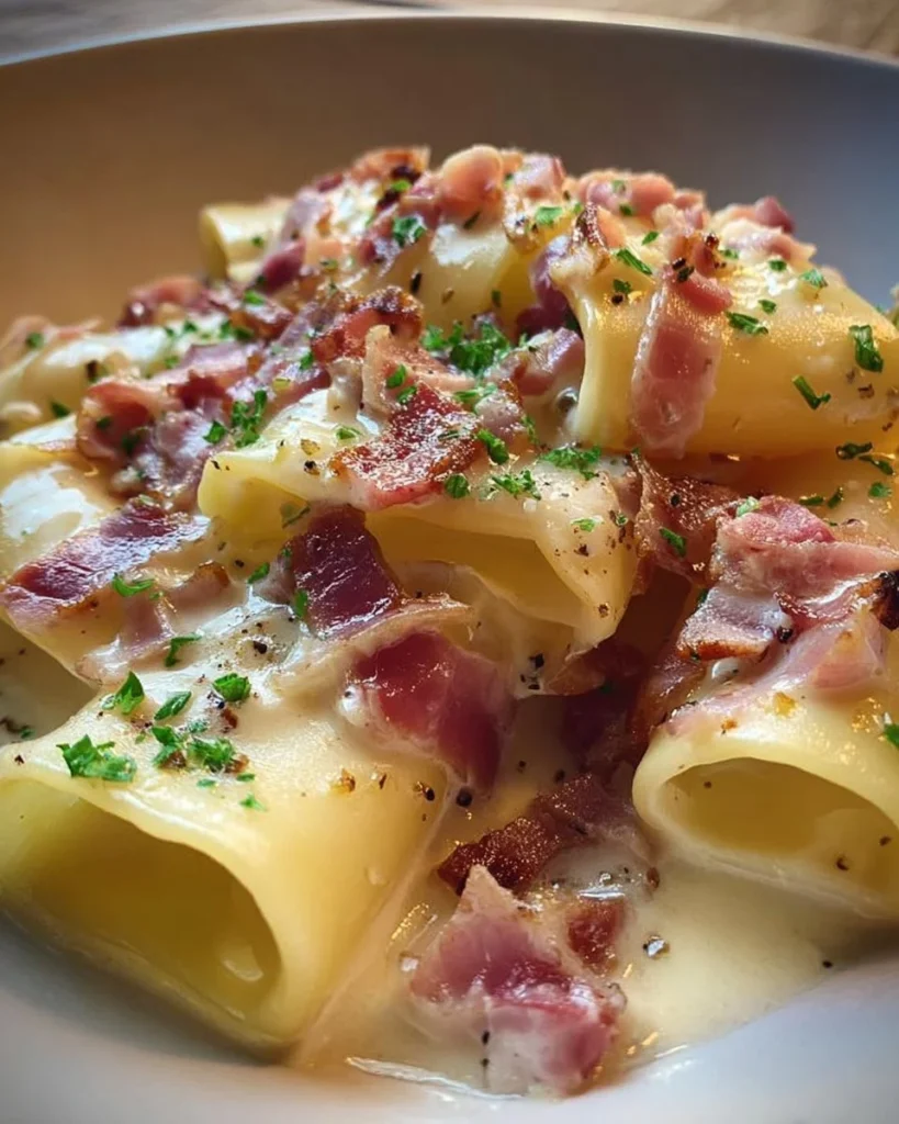Paccheri con crema di patate e pancetta, un piatto italiano gustoso