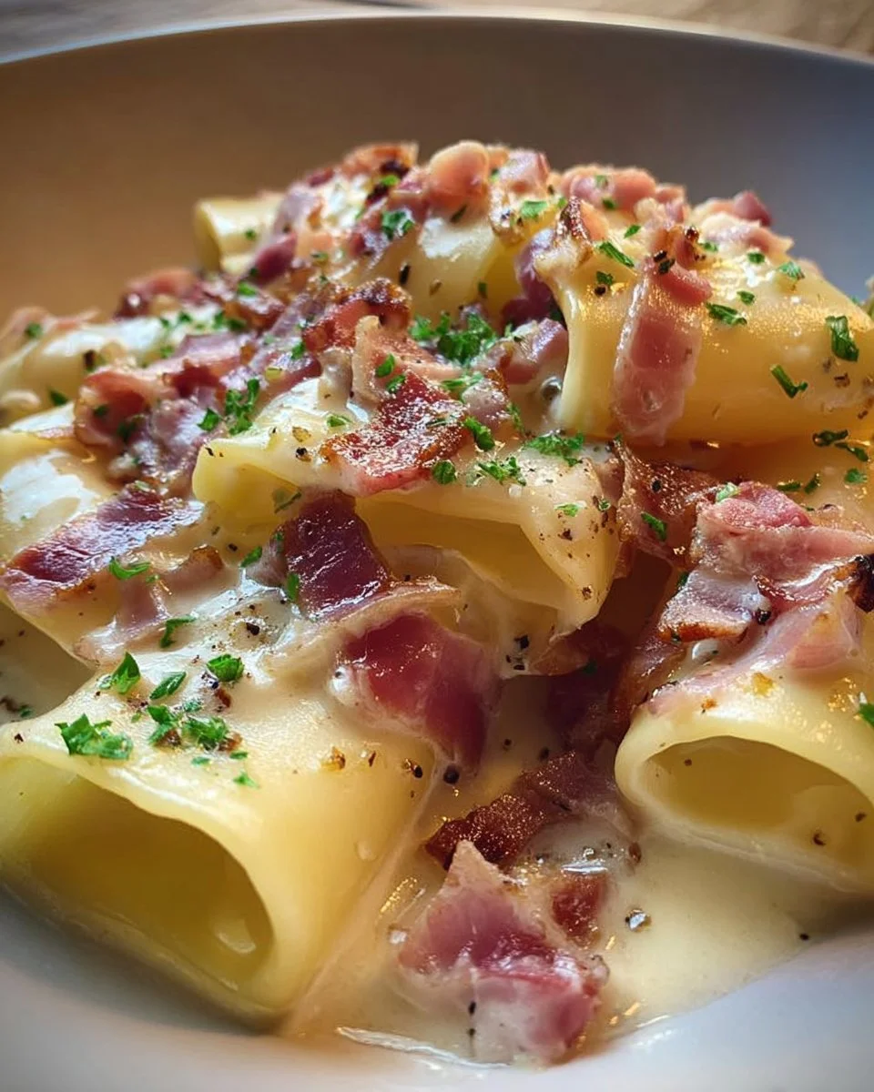 Paccheri con crema di patate e pancetta, un piatto italiano gustoso