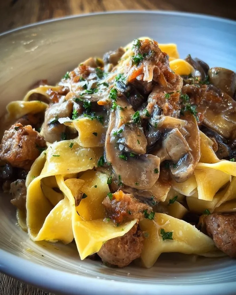 Pappardelle con salsiccia e funghi, un piatto tradizionale italiano