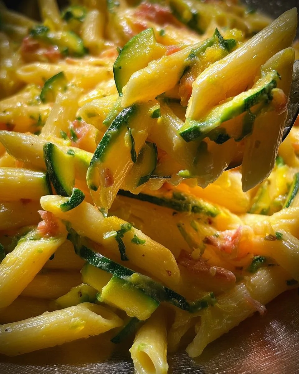 Pasta con le Zucchine servita in un piatto bianco con decorazioni verdi.