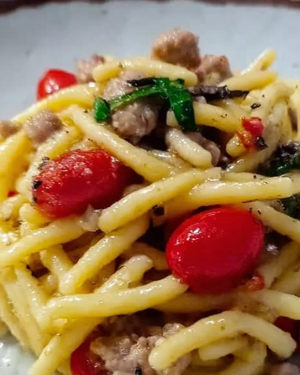 Pasta con salsiccia, funghi e pomodorini servita in un piatto