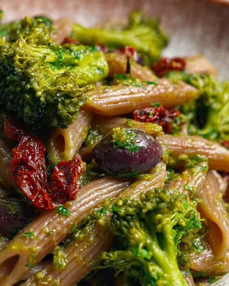 Pasta integrale con broccoli, pomodoro secco e olive su un piatto bianco.
