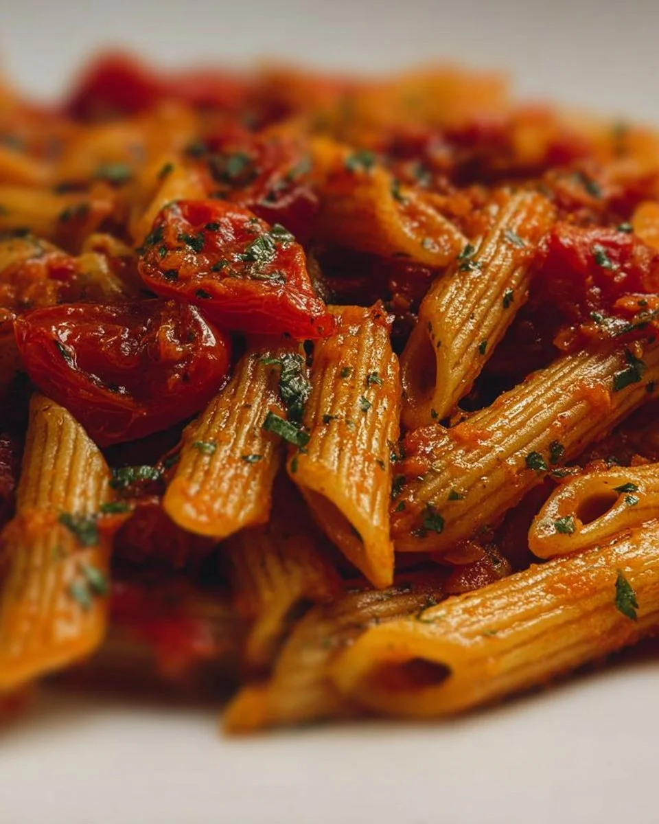 Piatto di penne all'arrabbiata con salsa piccante e pomodori freschi