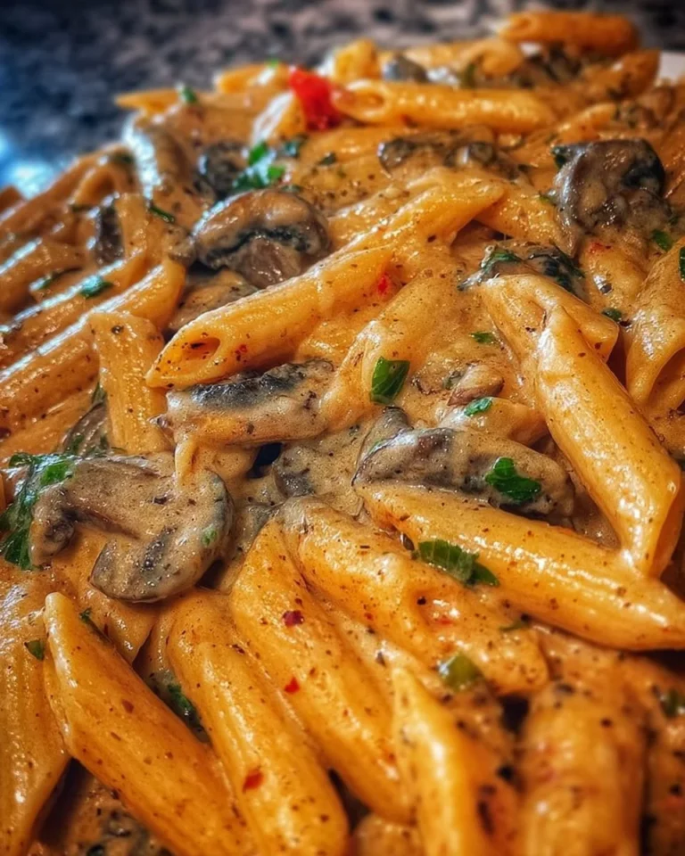 Piatto di pennette ai funghi con salsa cremosa e funghi freschi.