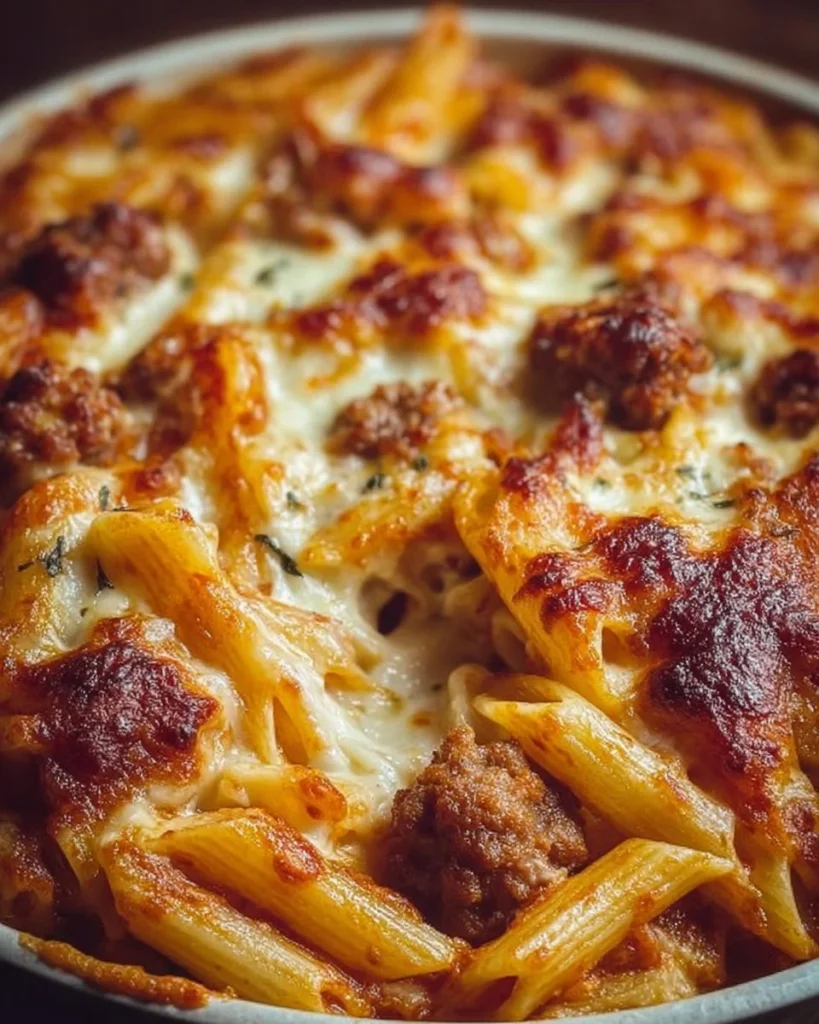 Pasta al forno con pennette, salsiccia, besciamella e mozzarella