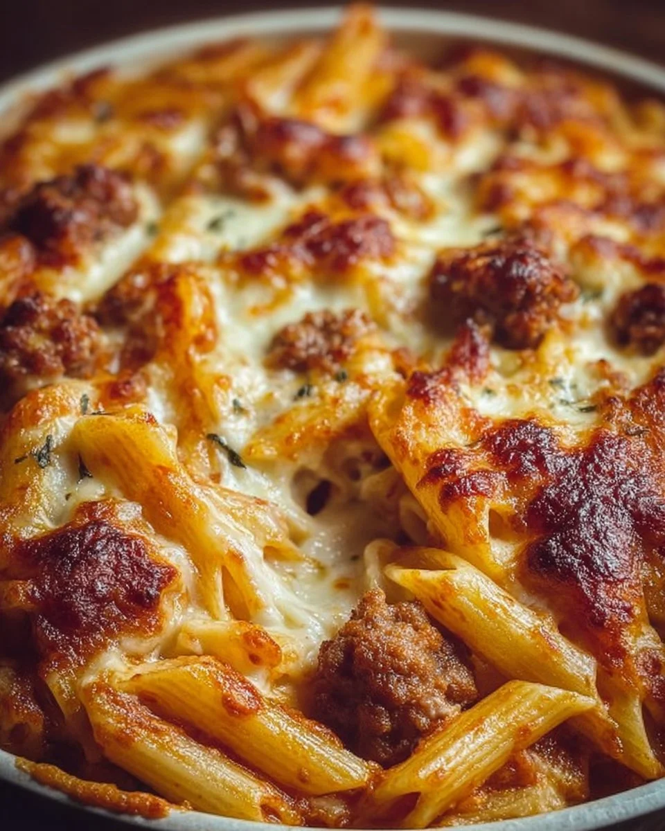 Pasta al forno con pennette, salsiccia, besciamella e mozzarella