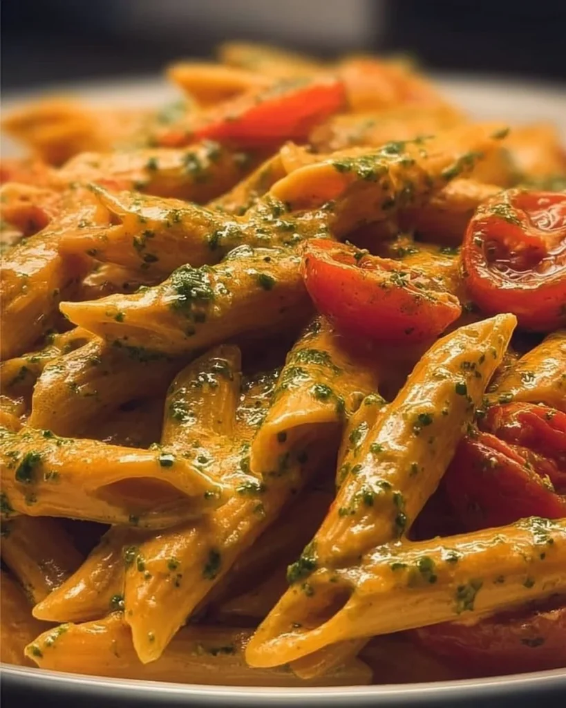Pennette con crema di pomodorini, Philadelphia e pesto in un piatto elegante