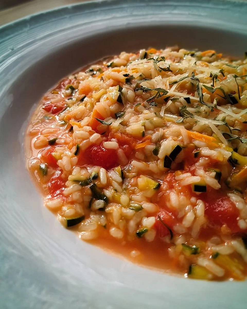 Pignolina risottata con zucchine, carote, pomodoro e parmigiano nel piatto