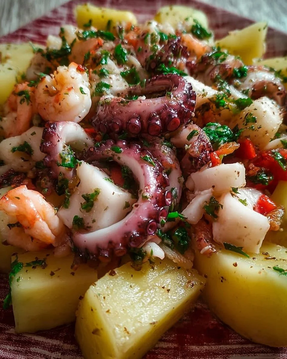 Polpo all’insalata con gamberetti e patate su un piatto elegante