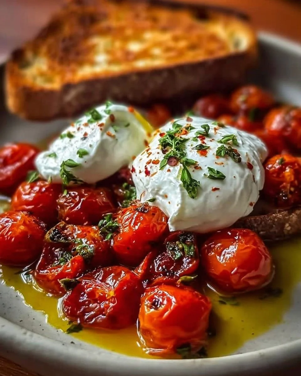 Pomodori arrostiti con burrata e pane tostato su un piatto