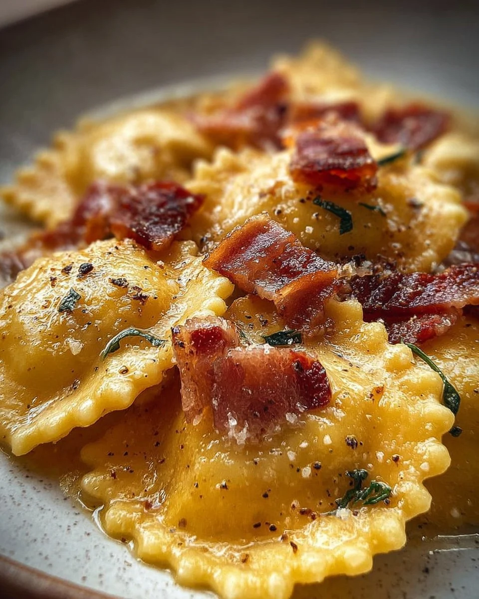 Ravioli Cacio e Pepe con Guanciale serviti con formaggio e pepe nero.