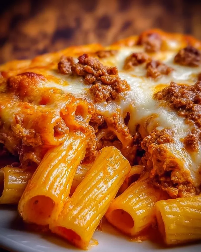 Rigatoni con besciamella, ragù bolognese e provola su un piatto bianco.