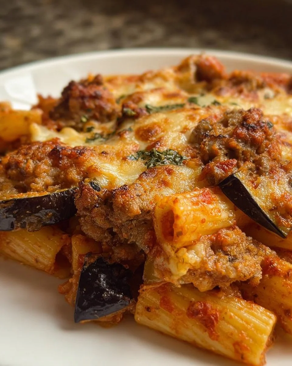 Rigatoni salsiccia e melanzane al forno, piatto tradizionale italiano