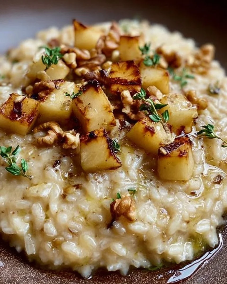 Risotto al taleggio con pere, noci e timo, piatto gustoso e cremoso