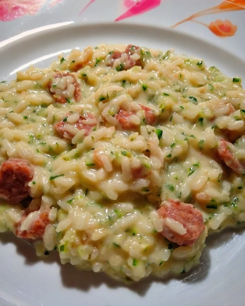 Risotto cremoso con zucchine e salsiccia, piatto ricco e gustoso
