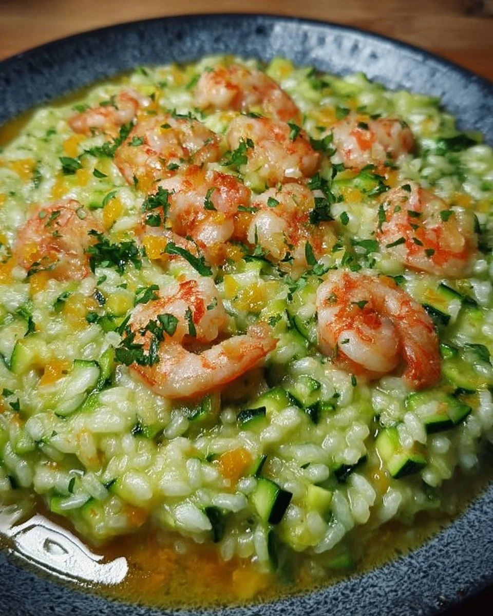 Risotto zucchine e gamberi servito in un piatto elegante