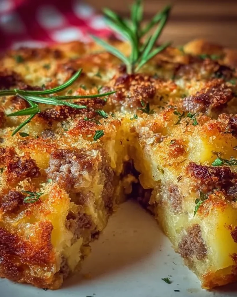 Sbriciolata di patate al forno con salsiccia e provola, un piatto invitante e ricco.