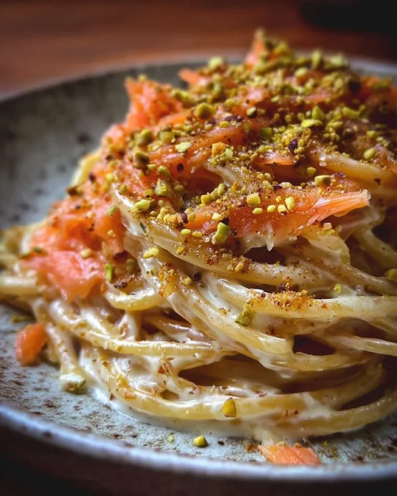 Spaghetti con Crema di Parmigiano, Pistacchio e Salmone pronti da servire.