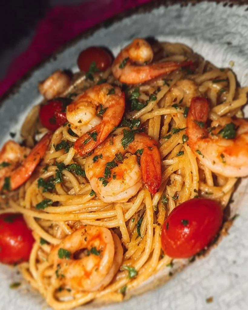 Piatto di spaghetti gamberi e pomodorini, un'esplosione di sapori mediterranei.