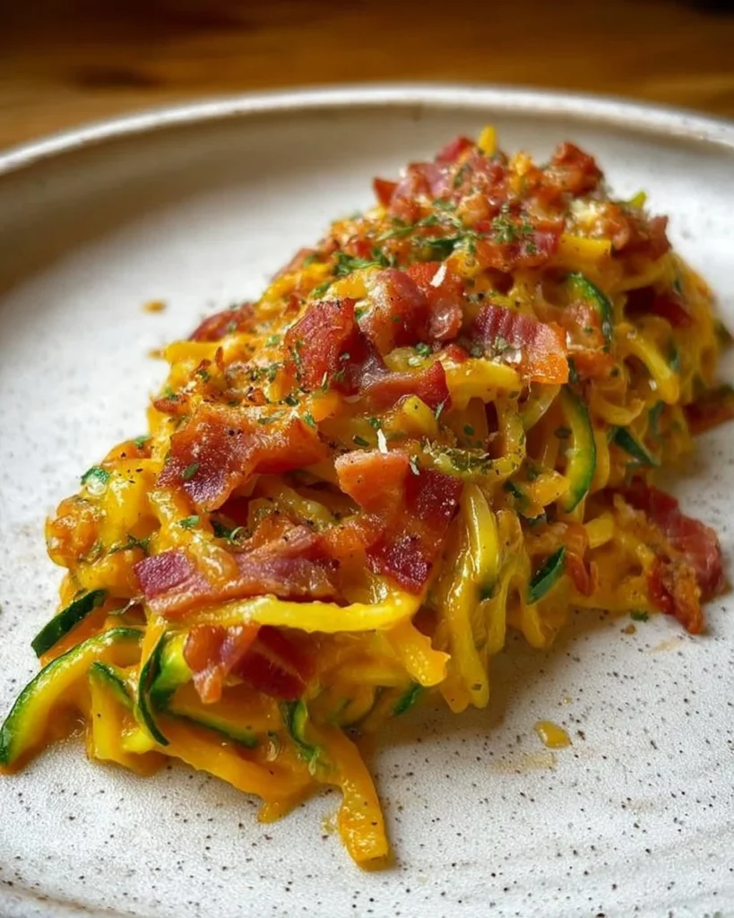 Piatto di spaghetti zucca e speck servito con contorni freschi