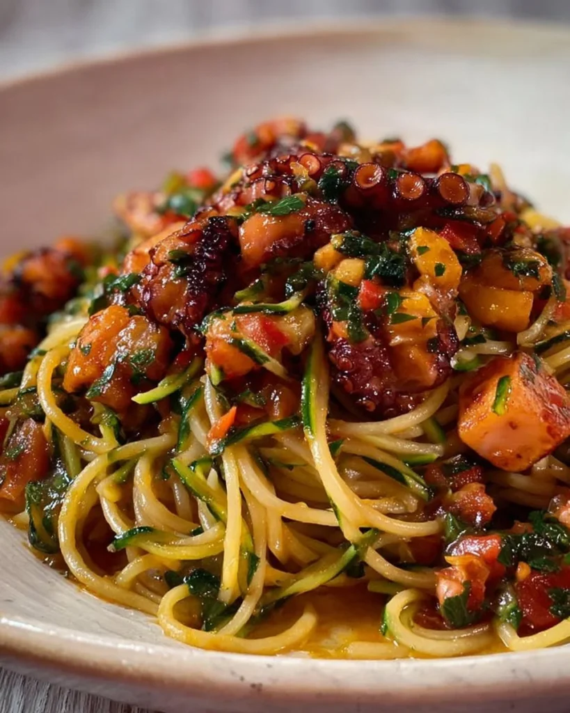 Spaghetti Zucchine e Polpo serviti in un piatto elegante