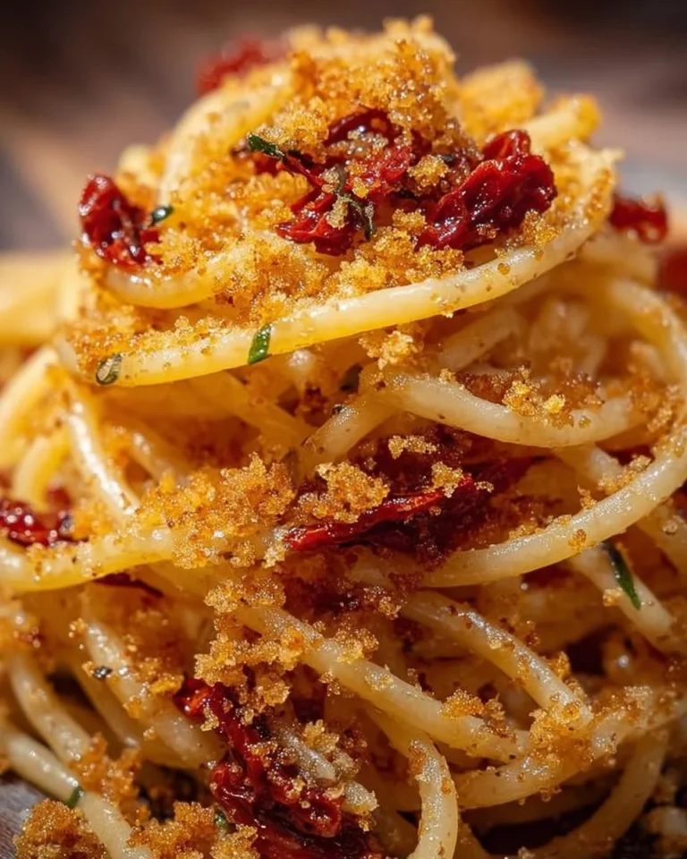 Spaghettoni aglio, olio e peperoncino con pomodori secchi e mollica croccante