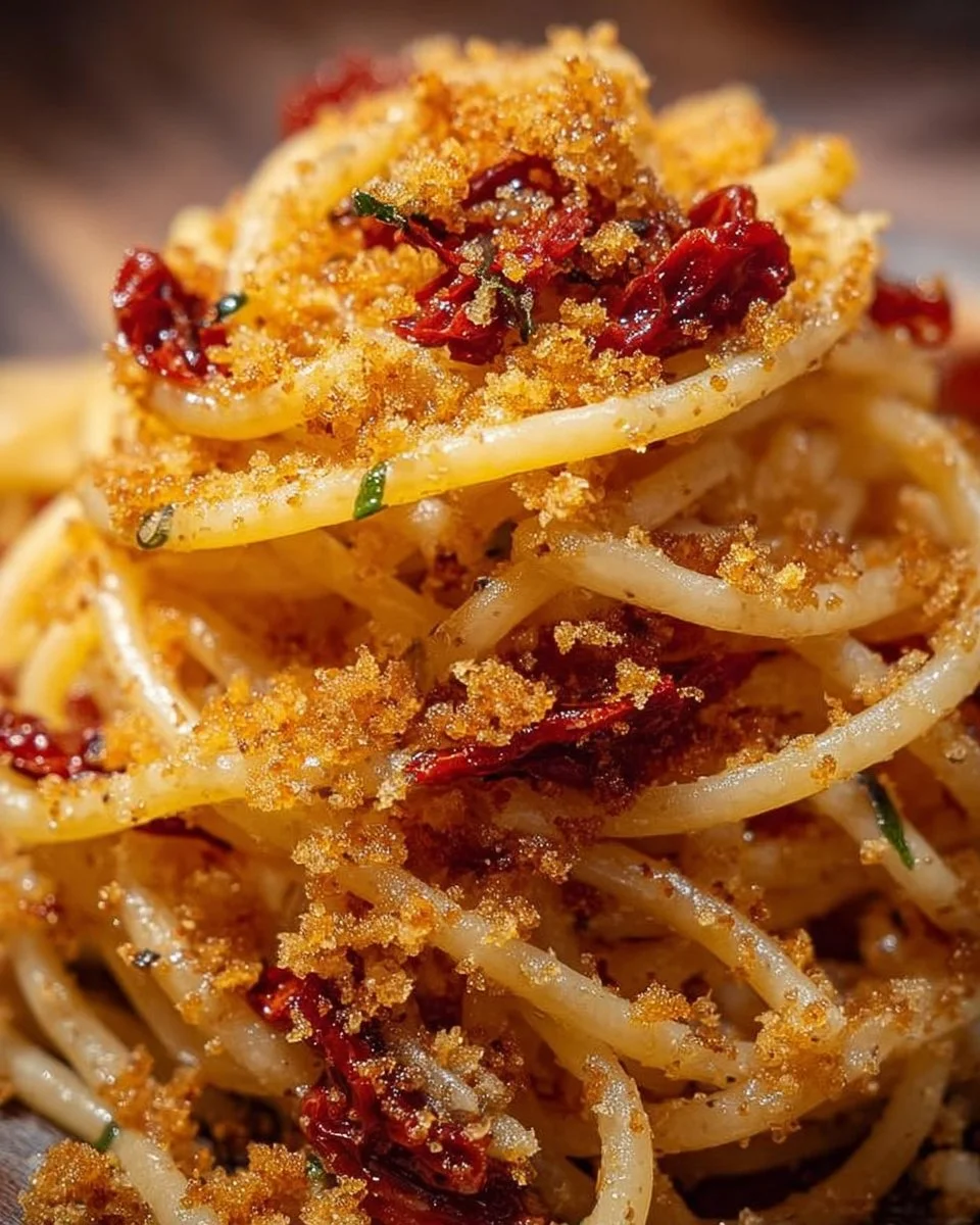 Spaghettoni aglio, olio e peperoncino con pomodori secchi e mollica croccante