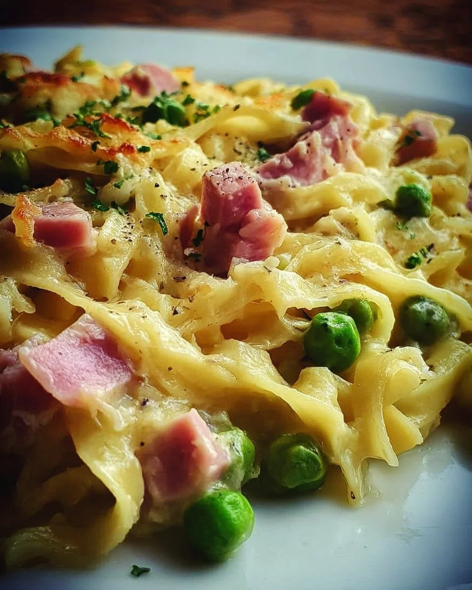 Tagliatelle al forno con prosciutto cotto e piselli, un piatto delizioso.