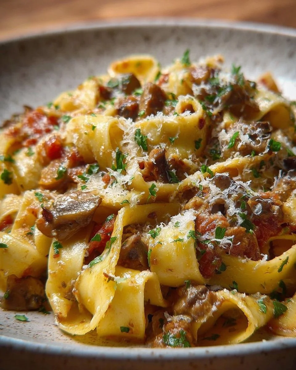 Piatto di tagliatelle alla boscaiola con funghi e salsiccia