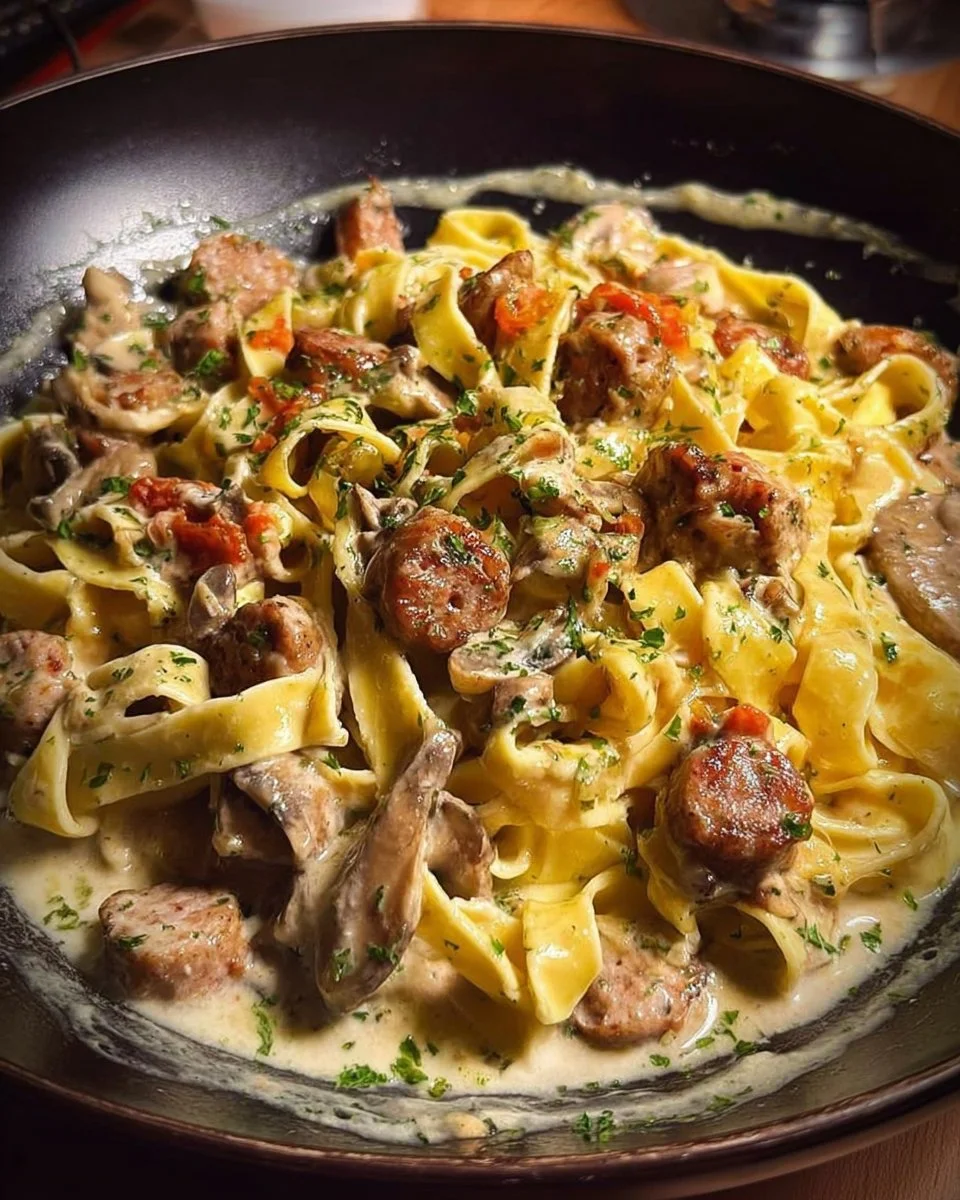 Tagliatelle panna con funghi e salsiccia serviti in un piatto gustoso
