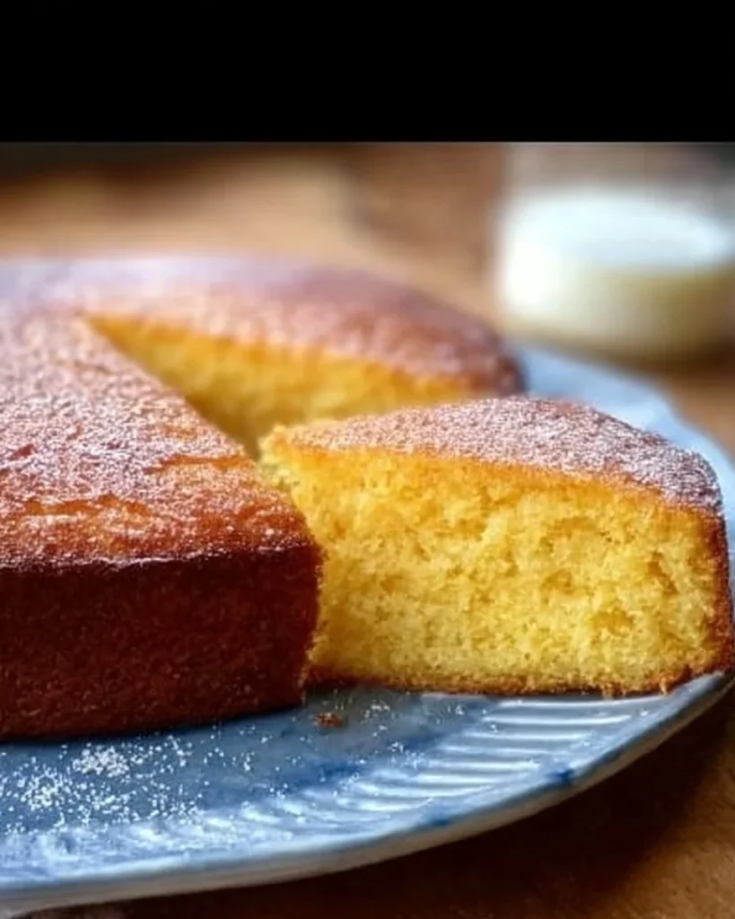Fetta di torta di polenta su piatto bianco, ricoperta di zucchero a velo.