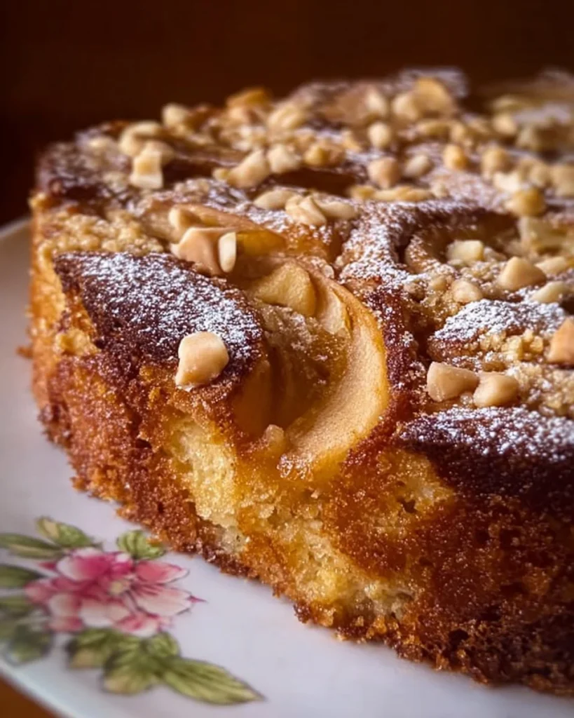 Fetta di torta noci e mele decorata con scorza di limone