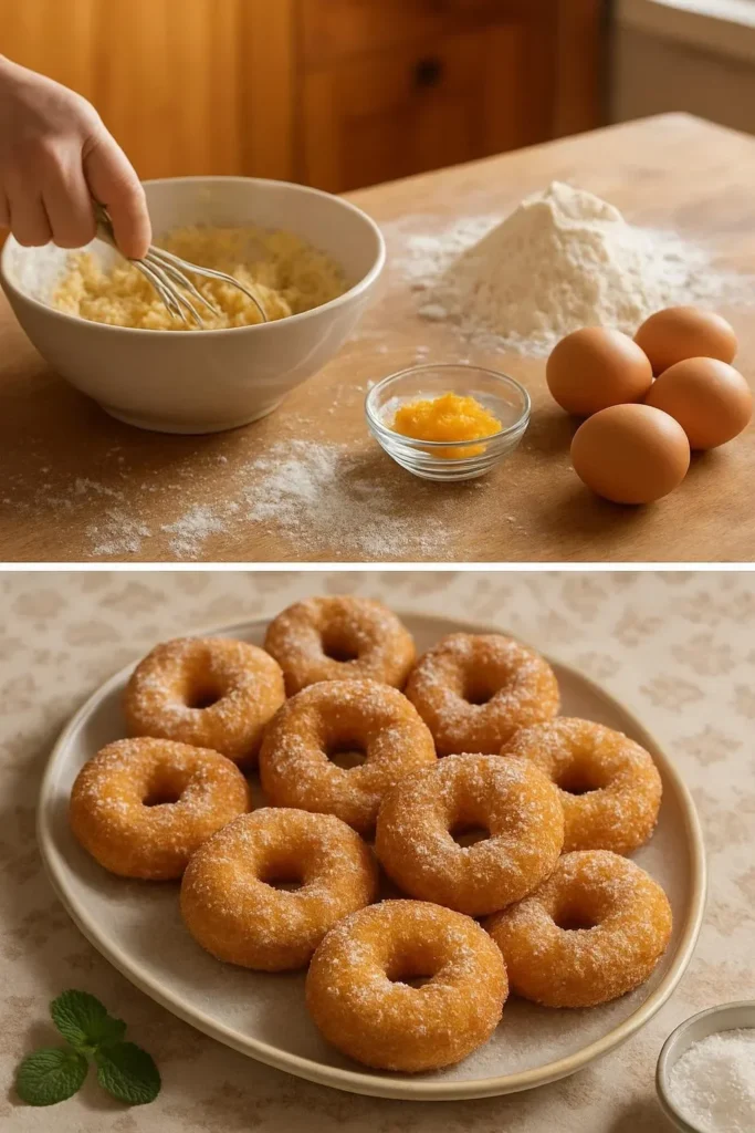 Zeppole Sarde, dolci tradizionali italiani fritti e spolverati di zucchero a velo.