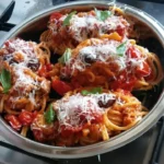 Barchette di melanzane ripiene di bucatini alla siciliana su un piatto.