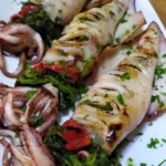 Calamari arrostiti ripieni di friarielli su un piatto