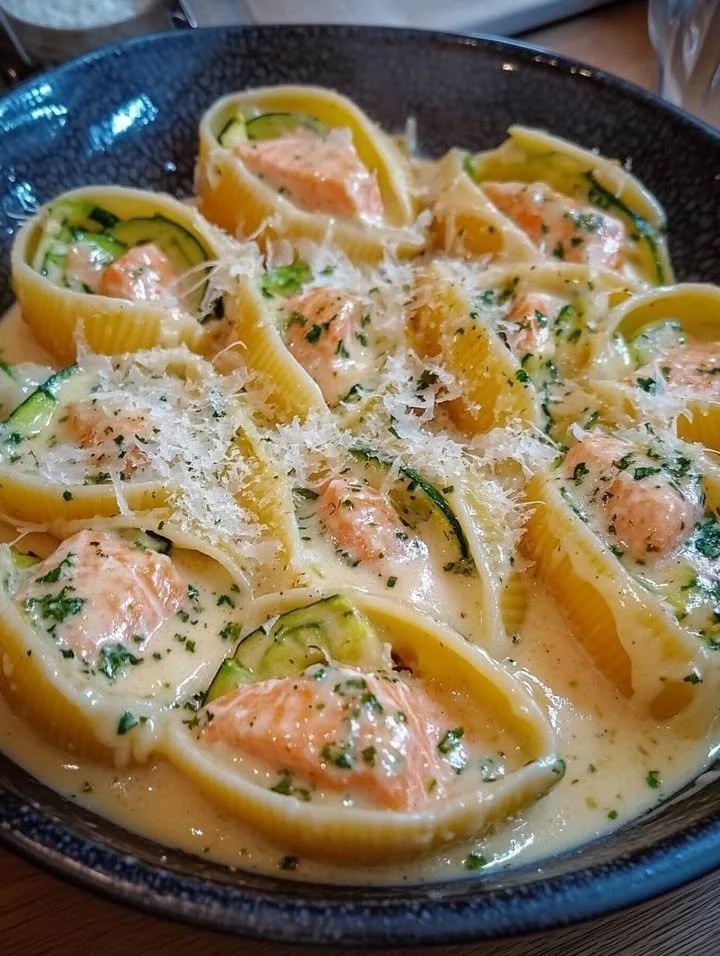 Conchiglioni ripieni di zucchine e salmone, un piatto gustoso e colorato.