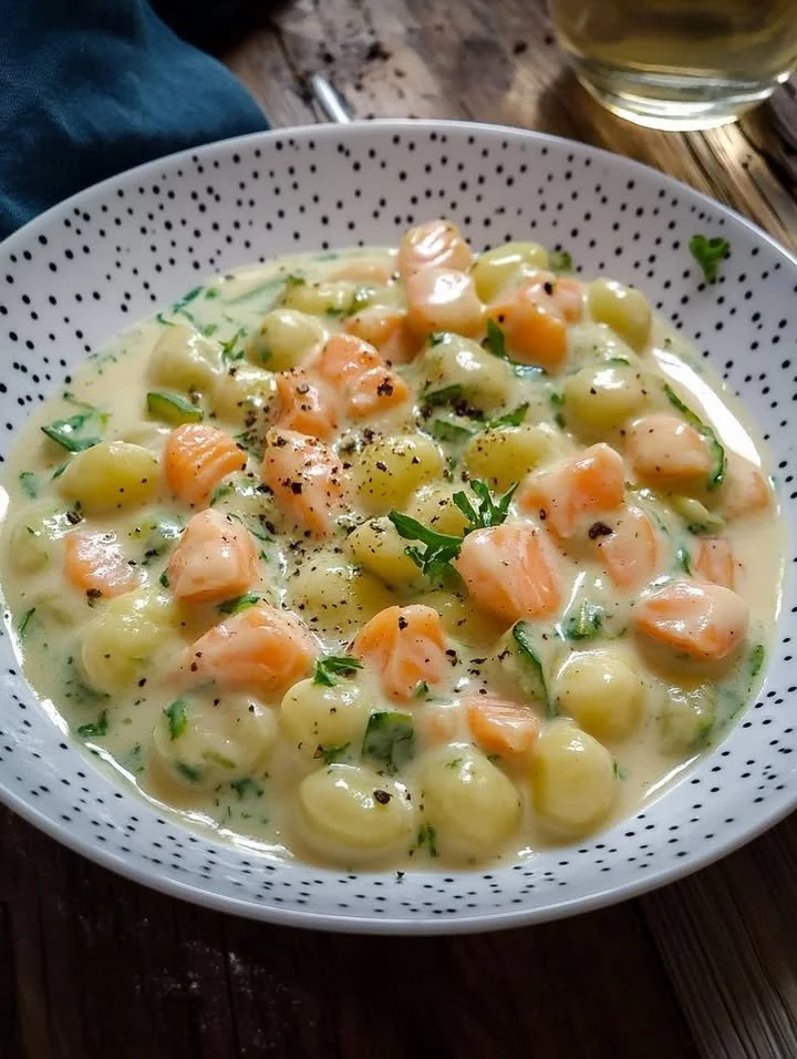 Gnocchetti cremosi con zucchine e salmone affumicato in un piatto colorato