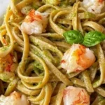 Linguine al Pesto di Zucchine con Gamberone Scottato, piatto delizioso e colorato