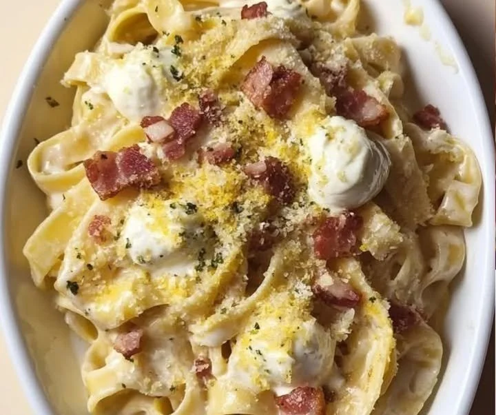 Piatto di Linguine con Pesto di Pistacchio, Bufala e Pancetta servito in un piatto