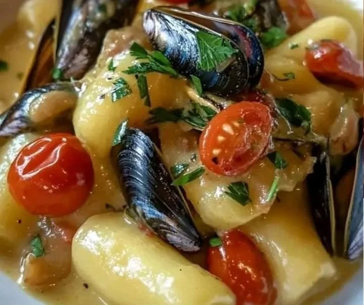 Mezze maniche con crema di patate e cozze, piatto gustoso e creativo