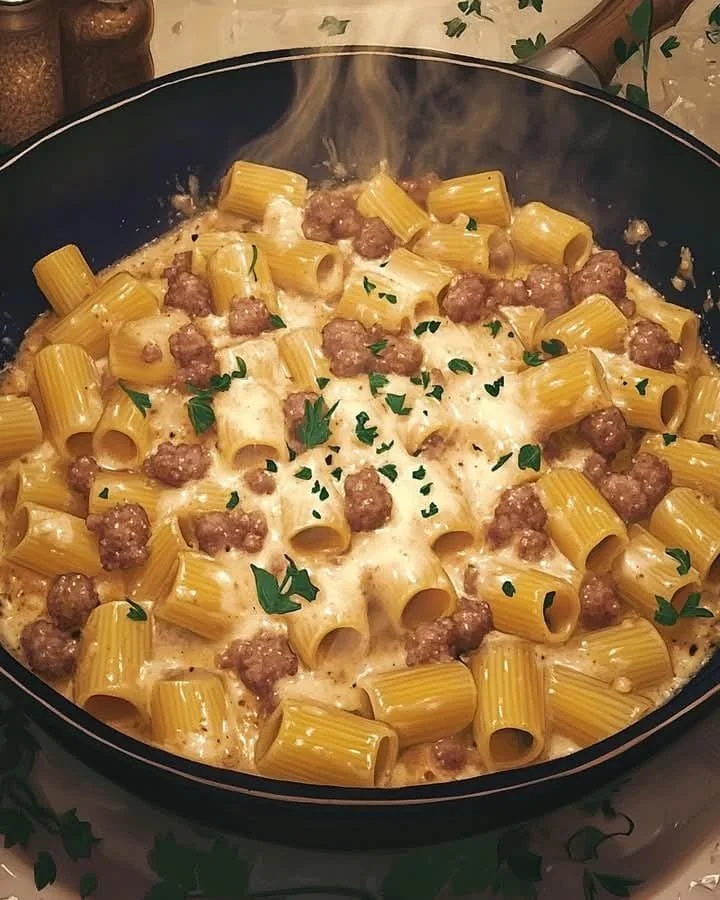 Mezze maniche rigate con crema di fagioli e salsiccia su un piatto elegante