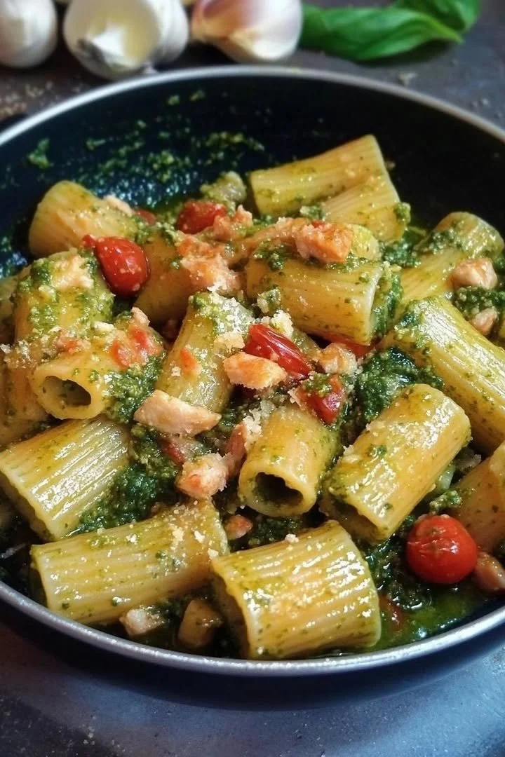 Paccheri Rigati con Pesto di Rucola e Gamberetti