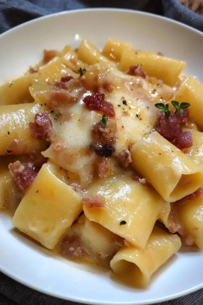 Paccheri con patate, bacon e scamorza affumicata in un piatto gustoso
