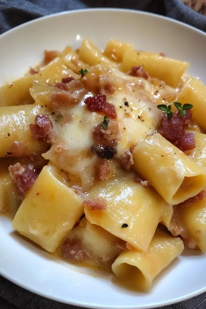 Paccheri with potatoes, bacon, and smoked scamorza.